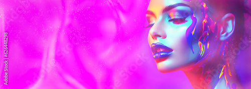  Fashion model woman face with fantasy art make-up. Bold makeup, glance Fashion art portrait, incorporating neon colors. Advertising design for cosmetics, beauty salon. Generative Ai content.