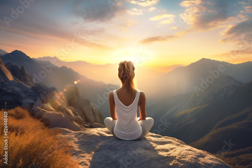 Young woman practicing yoga in mountains at sunset. Harmony, meditation, healthy lifestyle, relaxation. Generative Ai content