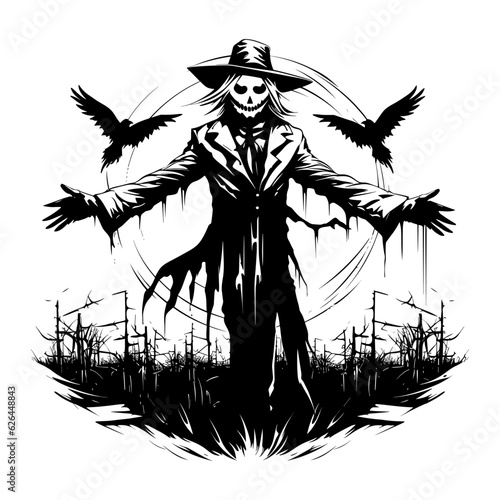 Scarecrow with crows in the field black silhouette spooky halloween vector