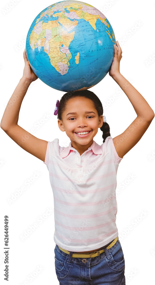 Digital png photo of biracial shoolgirl with globe on transparent background Digital png photo of biracial shoolgirl with globe on transparent background