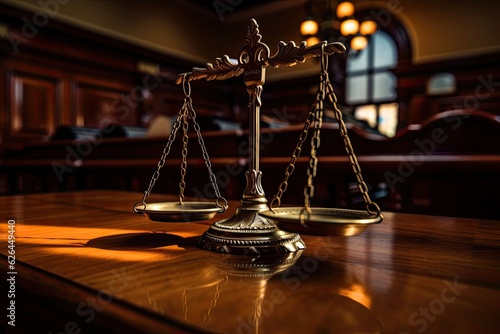 Scales of Justice on the wooden table in Court Hall. Law concept of Judiciary, Jurisprudence and Justice and business financial protection by law. Generative Ai