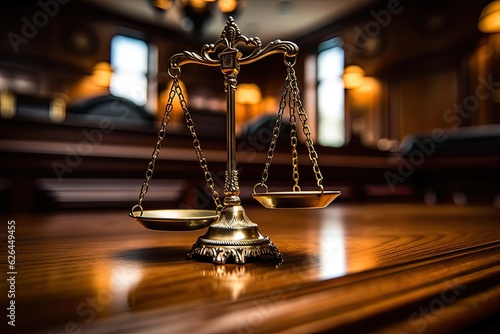 Scales of Justice on the wooden table in Court Hall. Law concept of Judiciary, Jurisprudence and Justice and business financial protection by law. Generative Ai