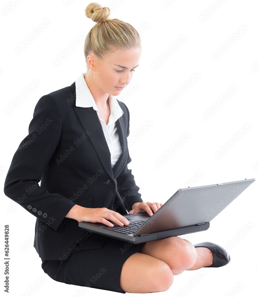 Digital png photo of caucasian businesswoman using laptop on transparent background Digital png photo of caucasian businesswoman using laptop on transparent background