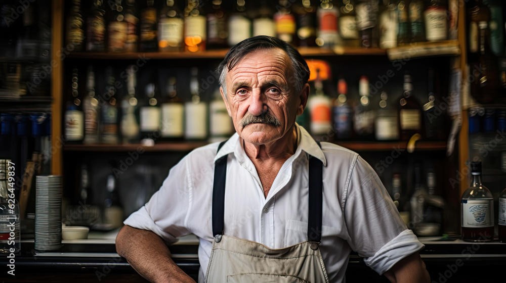 A bartender standing in front of a fully stocked bar A bartender standing in front of a fully stocked bar