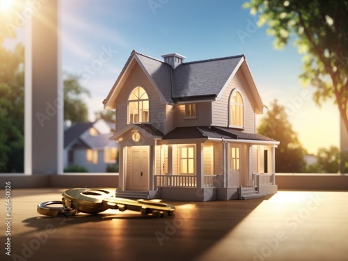 Key to Your Dream Home: 2 story House Model on Palm Signifying Homeownership and Financial Stability through Loans and Mortgages