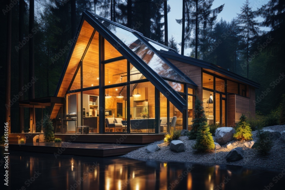 Modern luxury villa exterior in minimal style for luxury glamping. Glass cottage in the woods at night.