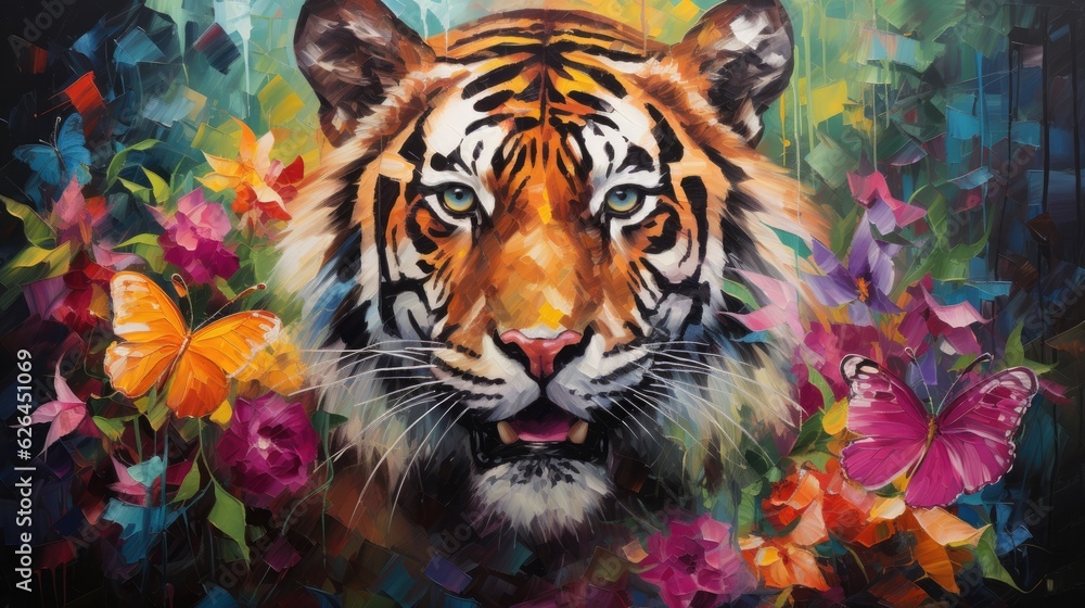 Tiger in the jungle with fantasy flowers and colorful butterflies background. Generative AI