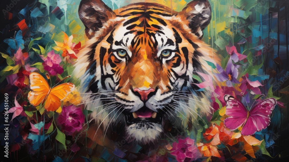 Tiger in the jungle with fantasy flowers and colorful butterflies background. Generative AI Tiger in the jungle with fantasy flowers and colorful butterflies background. Generative AI
