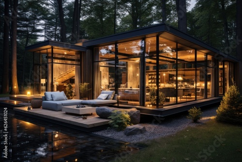 Modern luxury villa exterior in minimal style for luxury glamping. Glass cottage in the woods at night. © sirisakboakaew