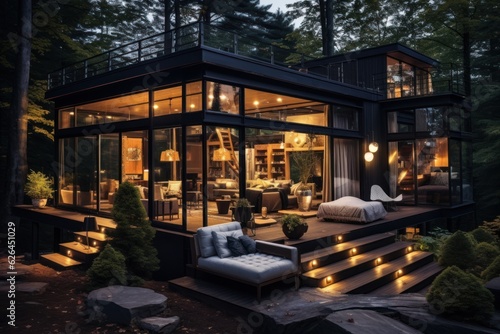 Modern luxury villa exterior in minimal style for luxury glamping. Glass cottage in the woods at night.