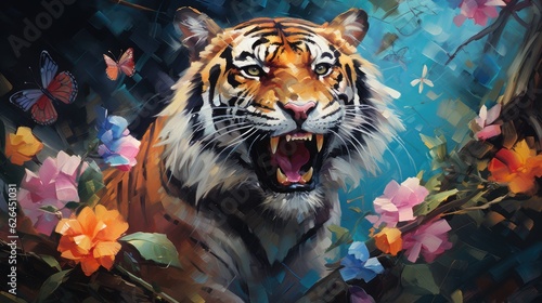 Tiger in the jungle with fantasy flowers and colorful butterflies background. Generative AI