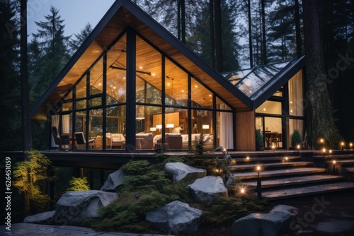 Modern luxury villa exterior in minimal style for luxury glamping. Glass cottage in the woods at night.