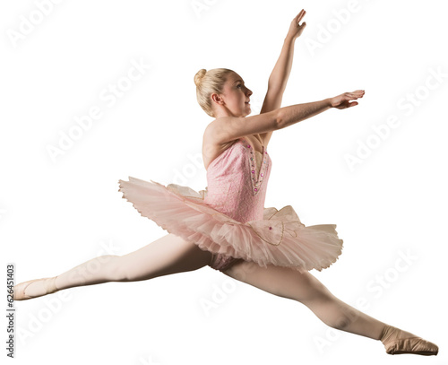 Digital png photo of happy caucasian female ballet dancer in tutu jumping on transparent background