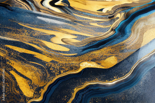 Blue and golden acrylic liquid ink swirl abstract background with ravishing turbulence wavy pattern and detailed texture. Luxury fluid liquid art by Generative AI.