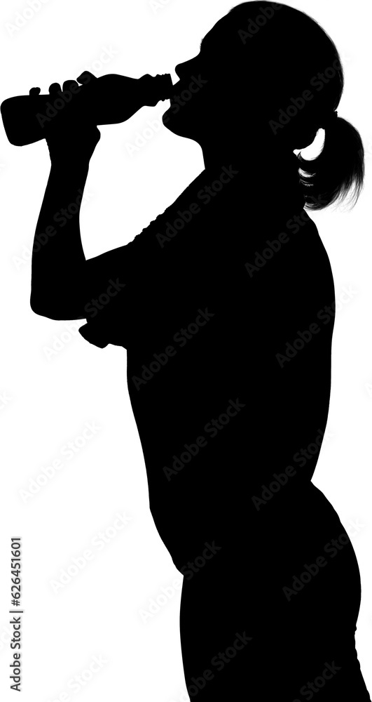 Digital png silhouette of woman drinking from water bottle on transparent background Digital png silhouette of woman drinking from water bottle on transparent background