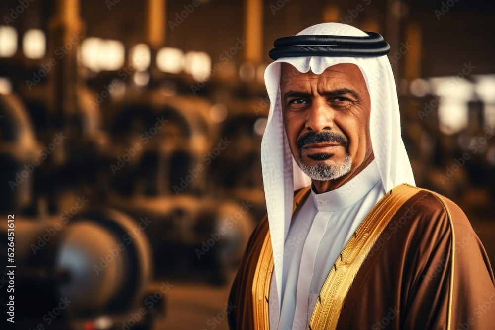 Successful Arab Muslim businessman with a gas station, and oil refinery in the background.