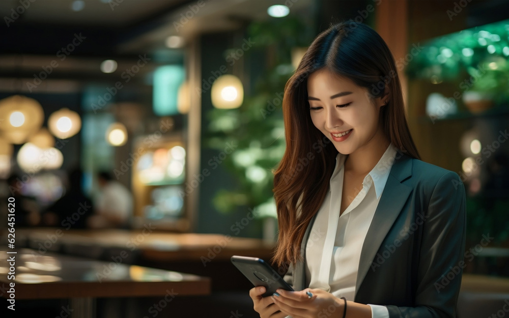 Fototapeta premium Happy smiling female worker using her phone in office. AI Generated Image