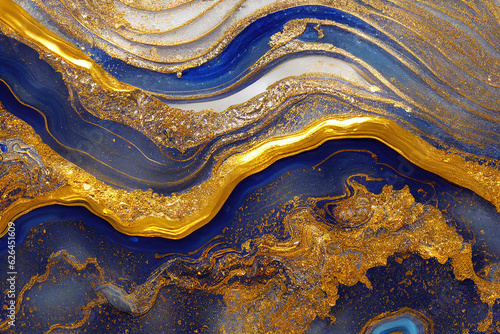 Blue and golden acrylic liquid ink swirl abstract background with ravishing turbulence wavy pattern and detailed texture. Luxury fluid liquid art by Generative AI.