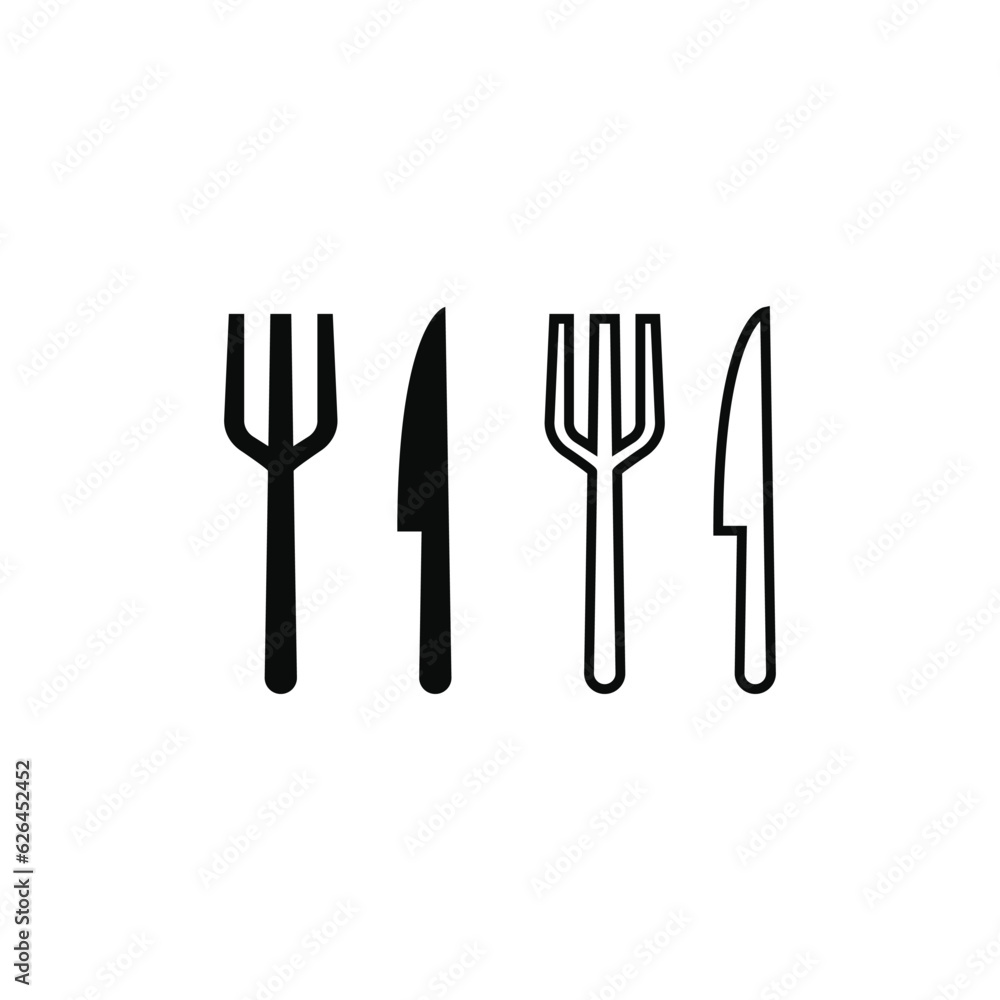 Fork and knife icon vector silhouette and line on white background Fork and knife icon vector silhouette and line on white background