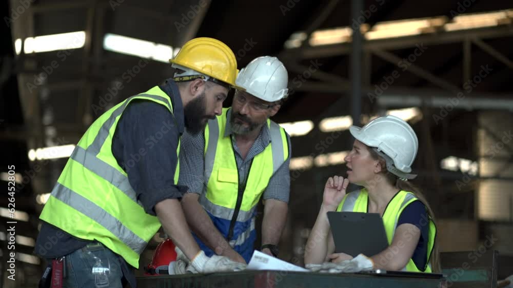 group of engineer meeting with blueprint in factory . teamwork of contractor talking together in construction site . excited joint hand and raise hand up celebrate to success worker in warehouse