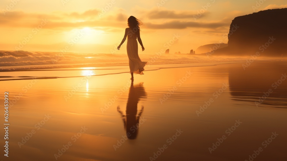 A beautiful young pretty girl walking outdoors at the beach. Generative Ai