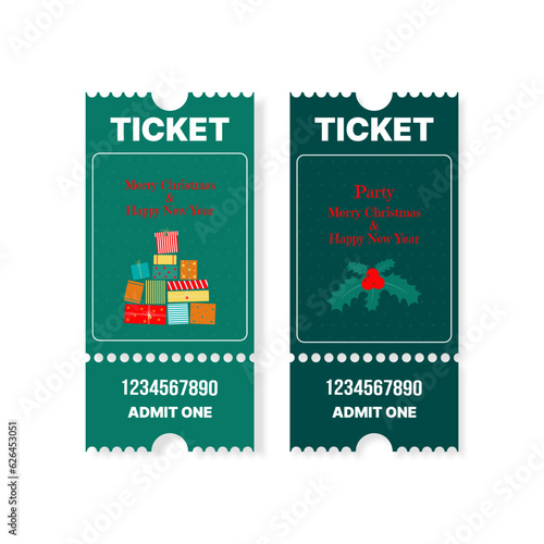 Christmas and New Year party. Set vertical ticket with gifts design template. Green and red color. Flat vector illustration.