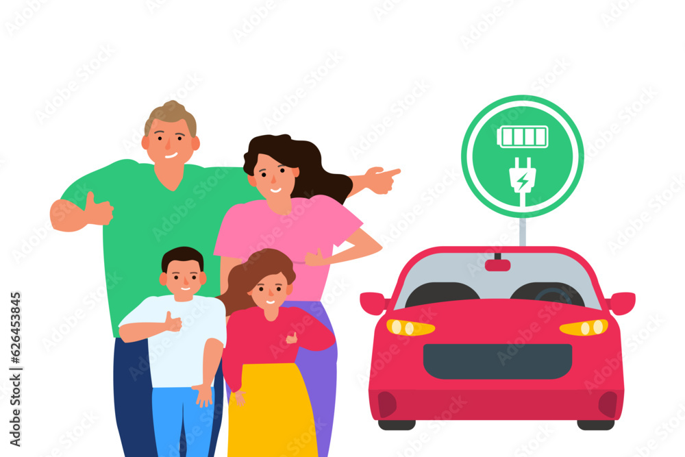 happy family showing thumbs up electric car sign eco vehicle vector illustration happy family showing thumbs up electric car sign eco vehicle vector illustration
