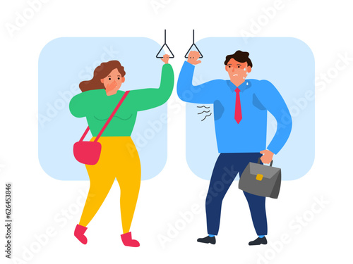 suffering woman covering her nose man with wet armpit sweat bad smell in public transport vector illustration