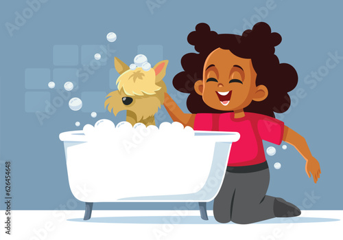 Girl Cleaning her Dog using Water and Soap Vector Cartoon. Pet owner taking care of his little doggie at home
