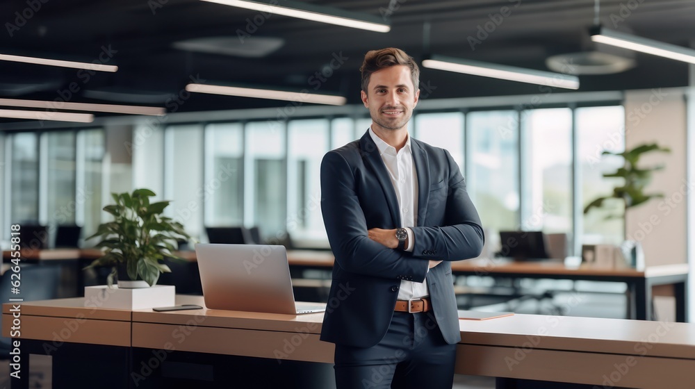 Handsome business CEO executive business man with arms crossed standing in the office. Non-existent person. Generative Ai Handsome business CEO executive business man with arms crossed standing in the office. Non-existent person. Generative Ai