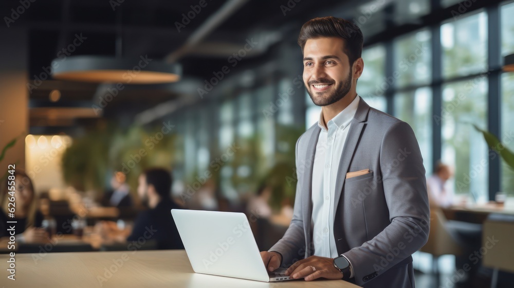 Portrait of businessman using computer in office. Businessmen working on laptop. Non-existent person. Generative Ai Portrait of businessman using computer in office. Businessmen working on laptop. Non-existent person. Generative Ai