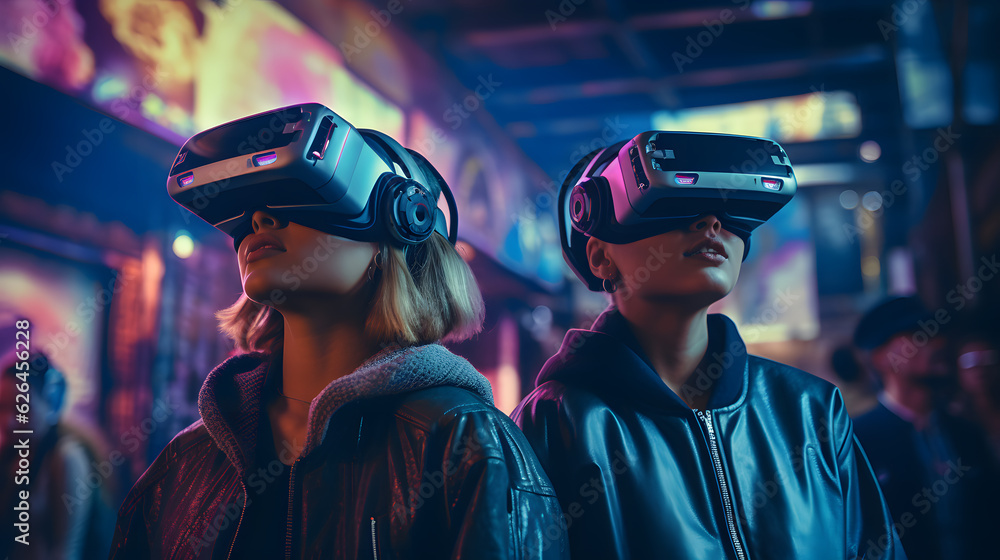 Futuristic portrait of a couple wearing a VR headset entering a Cyberpunk-style Virtual Reality world Futuristic portrait of a couple wearing a VR headset entering a Cyberpunk-style Virtual Reality world