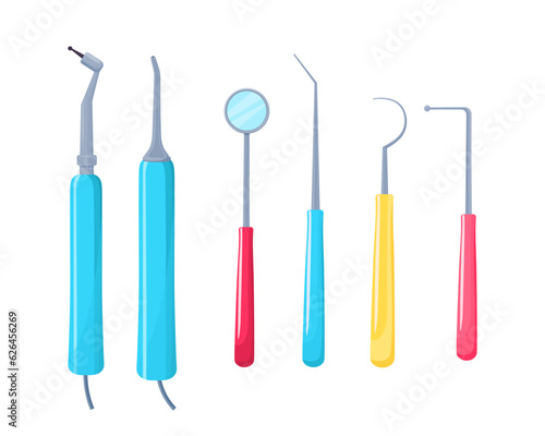 Tools for dental procedures vector illustrations set. Collection of drawings of dentist equipment, excavator, dental mirror and drill, filling instrument. Dentistry, dental care, healthcare concept