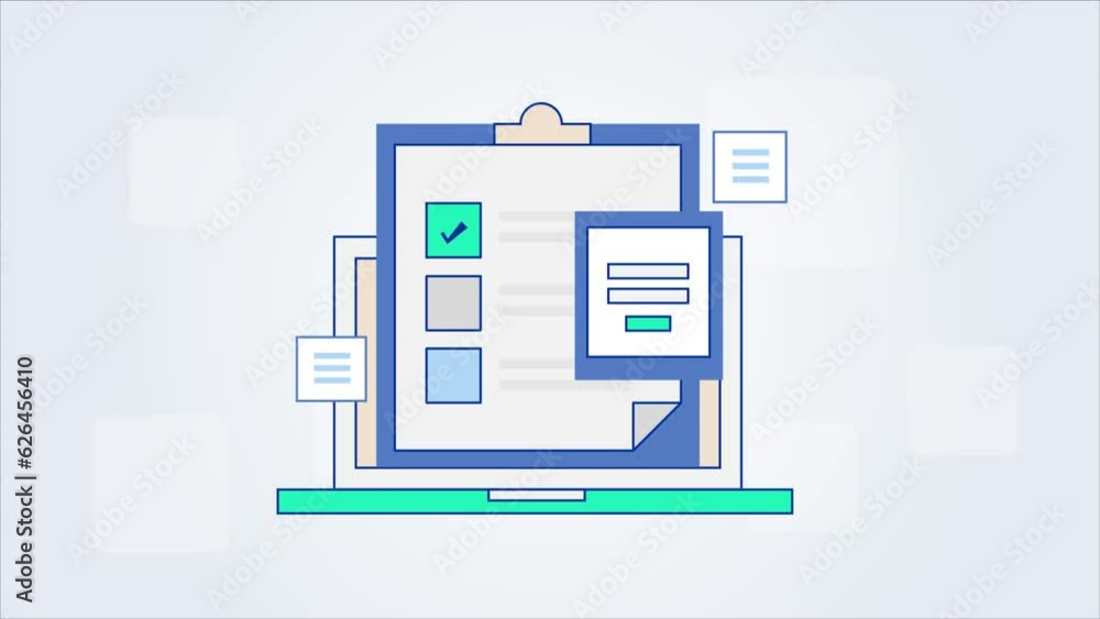 Online survey form. Fill out online form. Check list, Work list on laptop screen, Do list app.  Animated clip