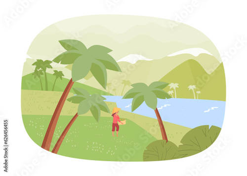 Female farmer harvesting crops from fields vector illustration. Cartoon drawing of summer landscape with woman in rice fields near river. Summer, farming, agriculture, nature concept