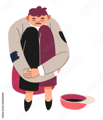 Poor beggar sitting by empty cap, poverty vector
