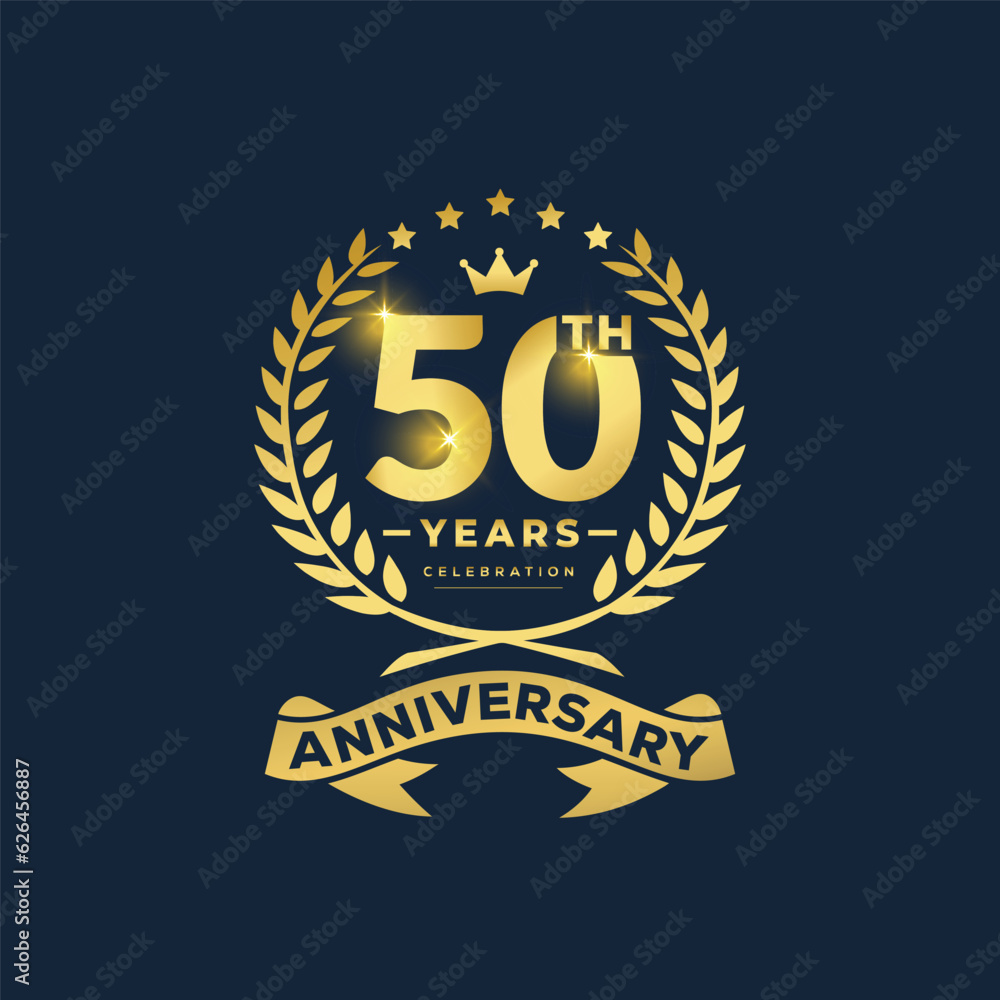 50th years anniversary celebration logo design with decorative ribbon or banner. 50 years anniversary celebrations logo concept.