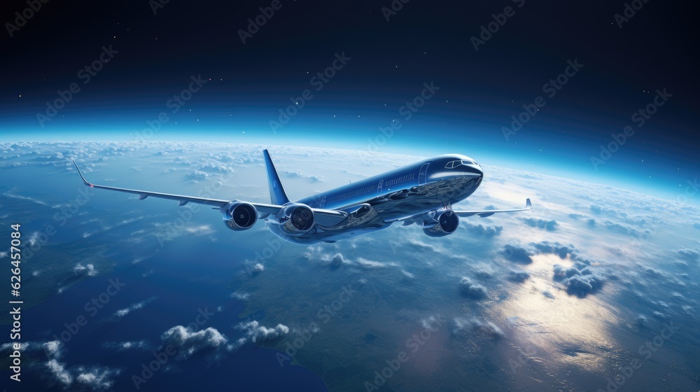 Airplane flying over the sky with clouds into the outer space background. Generative AI Airplane flying over the sky with clouds into the outer space background. Generative AI