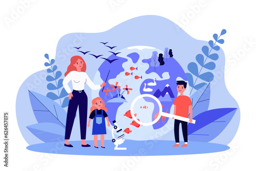 Tiny globe and teacher with students vector illustration. Cartoon drawing of children learning about environment, flora and fauna. Environment, education, ecology, protection, nature concept