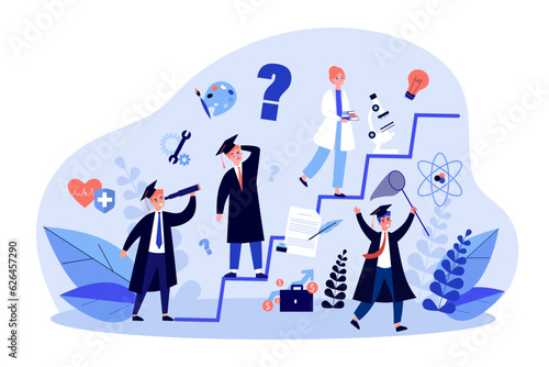 Graduate students choosing career path vector illustration. Cartoon drawing of career ladder, healthcare, business, writing, science, arts. Education, career, graduation, choice, success concept