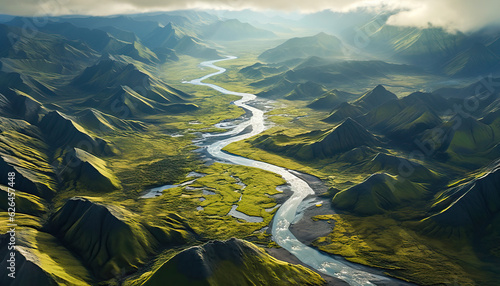 Aerial view of the mountains and the river,landscape in the mountains,the river in the mountains © Moon