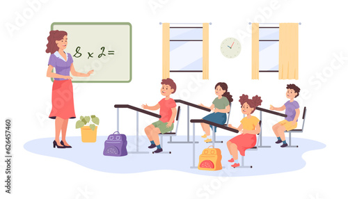 Lesson with teacher and pupils in classroom vector illustration. Cartoon drawing of schoolchildren learning mathematics while sitting at desks in class. Education, knowledge, childhood concept