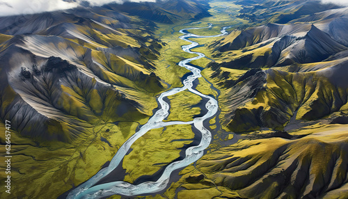 Aerial view of the mountains and the river,landscape in the mountains,the river in the mountains