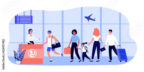 Happy passengers at airport check-in vector illustration. Cartoon drawing of men and women with luggage and boarding passes, plane taking off. Traveling, vacation, transportation, aviation concept