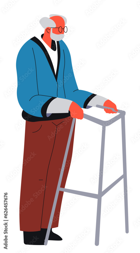 Senior man walking with support metal construction Senior man walking with support metal construction