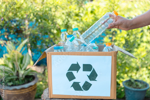 Plastic bottle waste for recycling, reuse concept. Volunteers store plastic bottles in cardboard boxes at a park. Disposal, recycling and waste management. Good conscience. photo