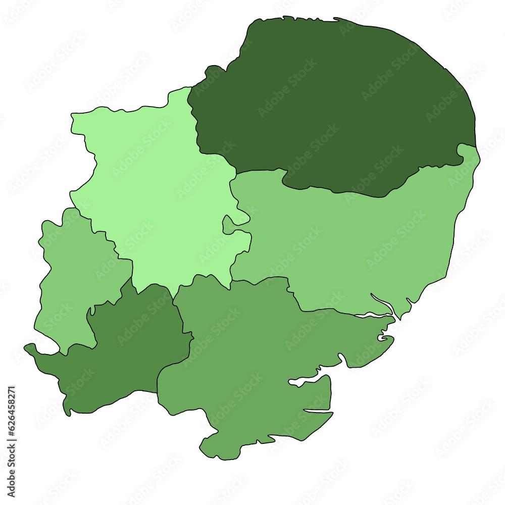 green East of England administrative and political map. uk, United Kingdom, Britain