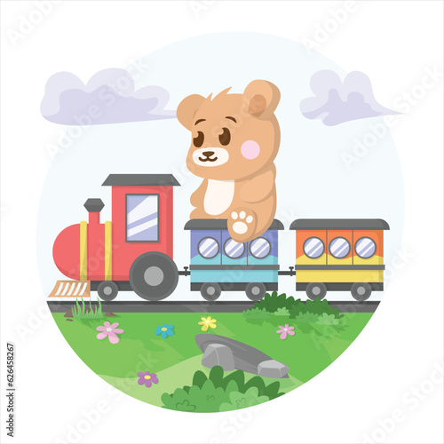 Little Bear and Train Illustrations Scene Vector
