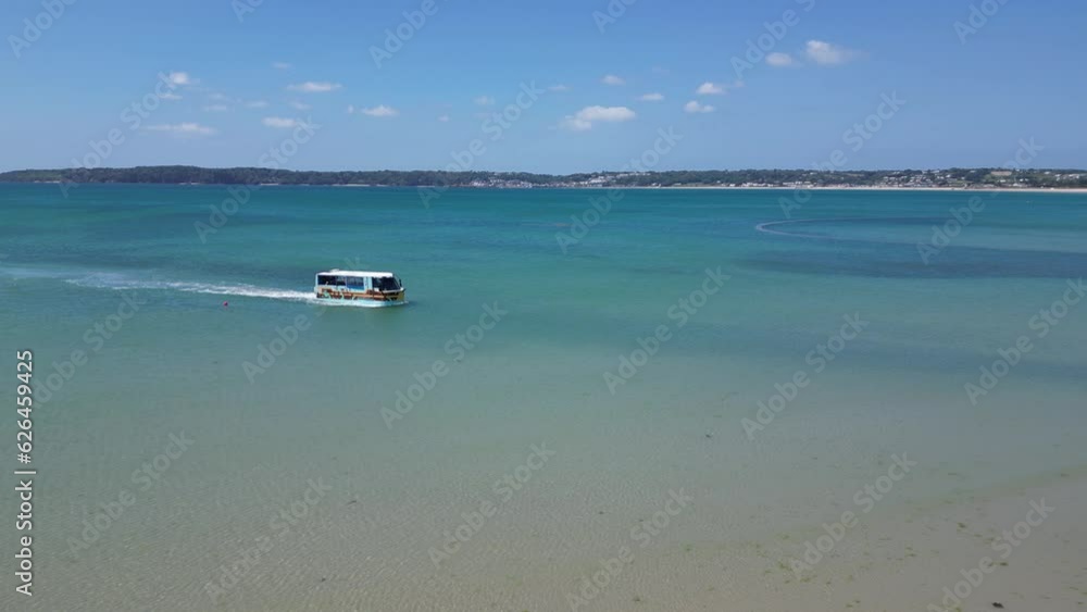 Elizabeth castle amphibious ferry approaching  the beach St Helier Jersey  aerial