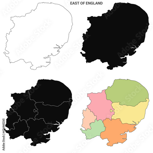 East Anglia map, East of England Administrative Map Set - blank outline map